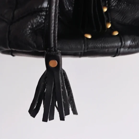 Amerileather Luxury Leather Tassel Studded Bucket Black  Bag Moto Hippie Biker - Picture 3 of 12